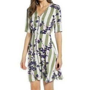 Vero Moda Green White Striped Floral Midi Dress